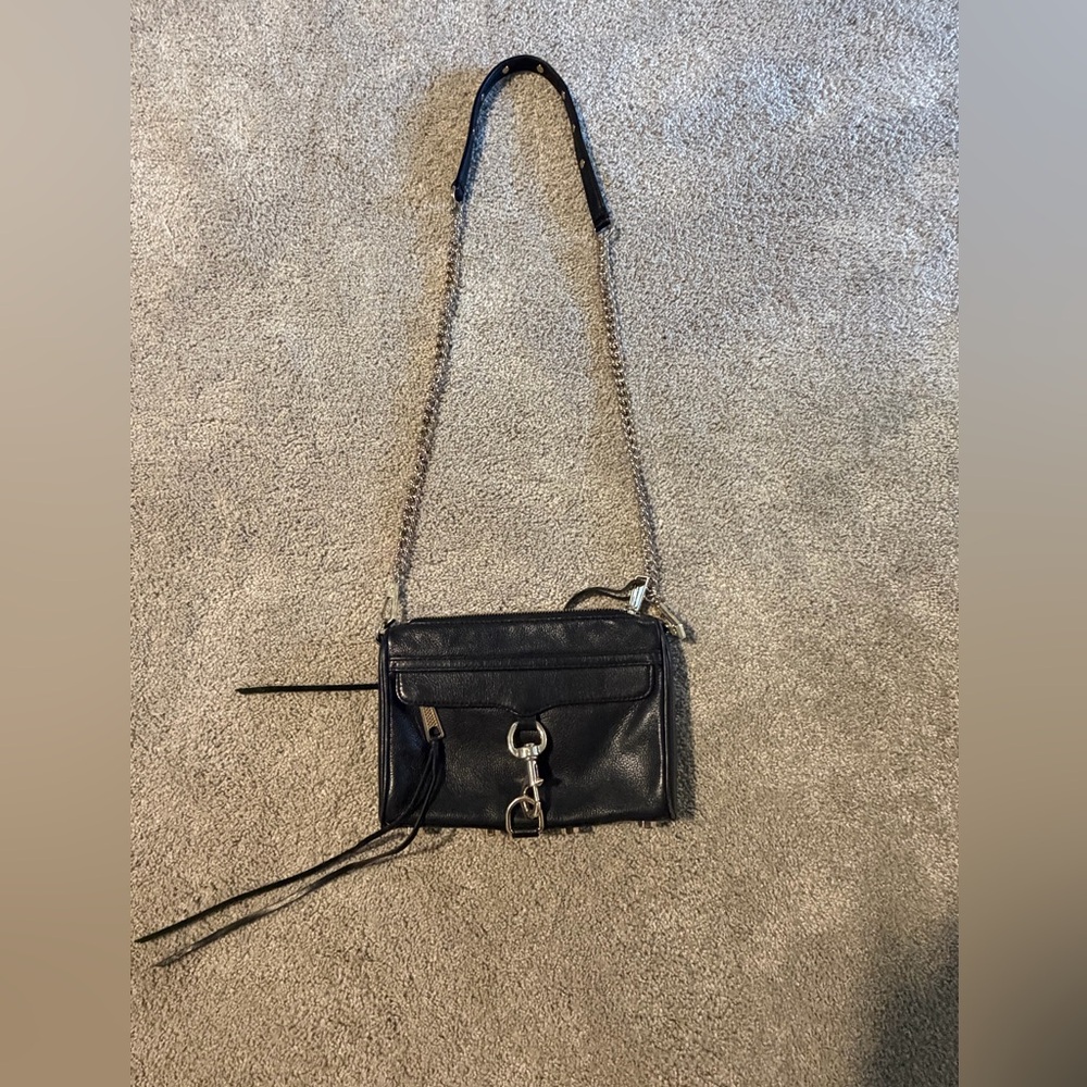 Rebecca Minkoff Black Leather Mini MAC Crossbody with Silver Chain